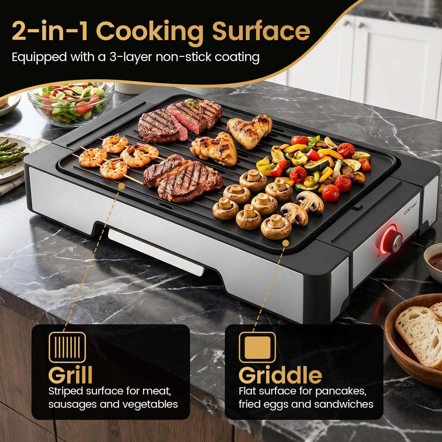 2-in-1 Electric Grill and Griddle, 2300W Non-Stick Table Grill