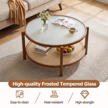 Rattan Coffee Table with Tempered Glass Top for Living Room