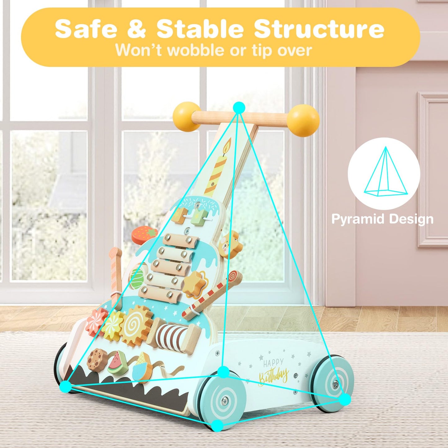 Height Adjustable Wooden Baby Walker with Activity Center