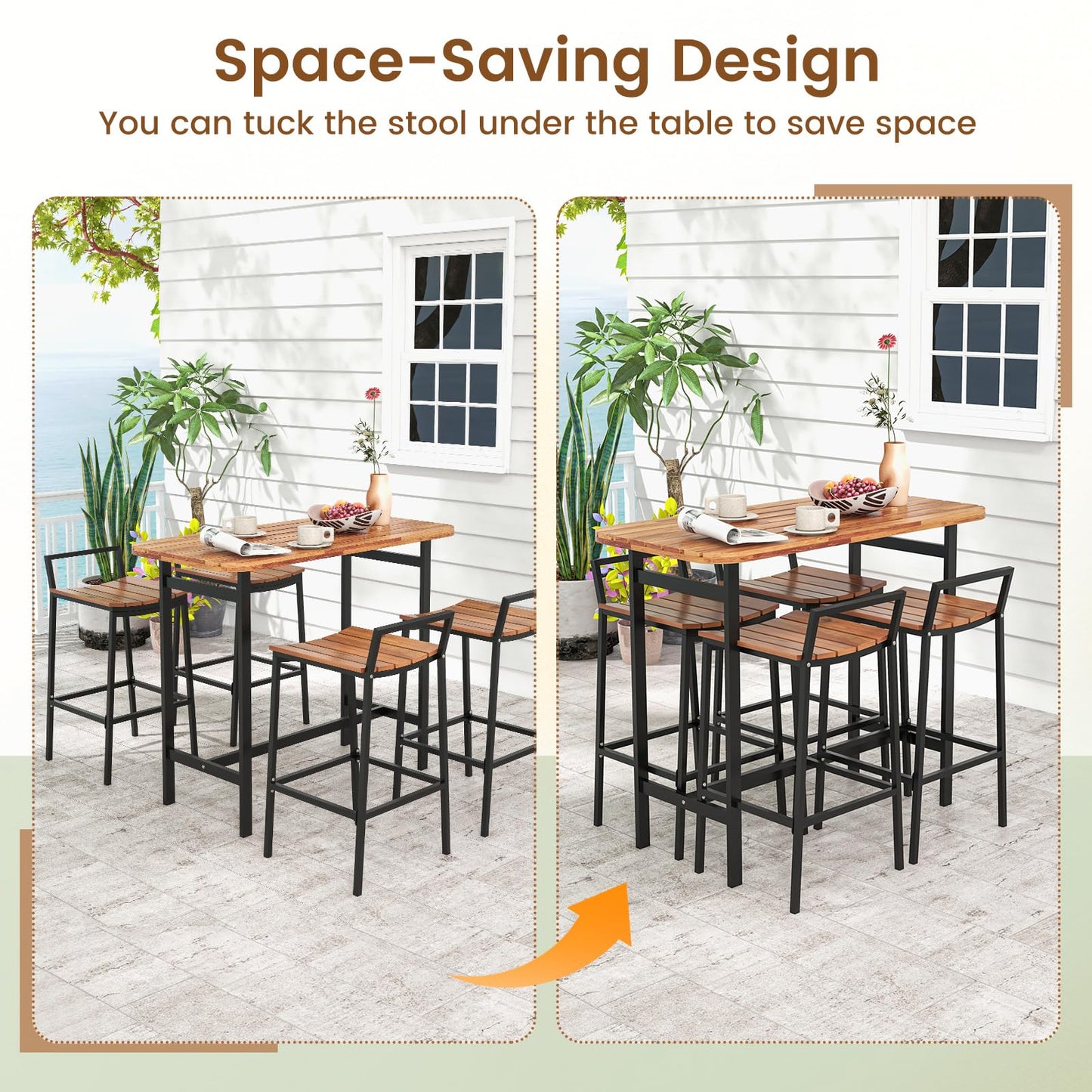 5 Piece Acacia Wood Bar Table Set with Metal Frame and Footrest