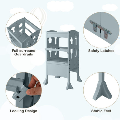 Height Adjustable Toddler Kitchen Helper with Safety Latches and Protective Rail