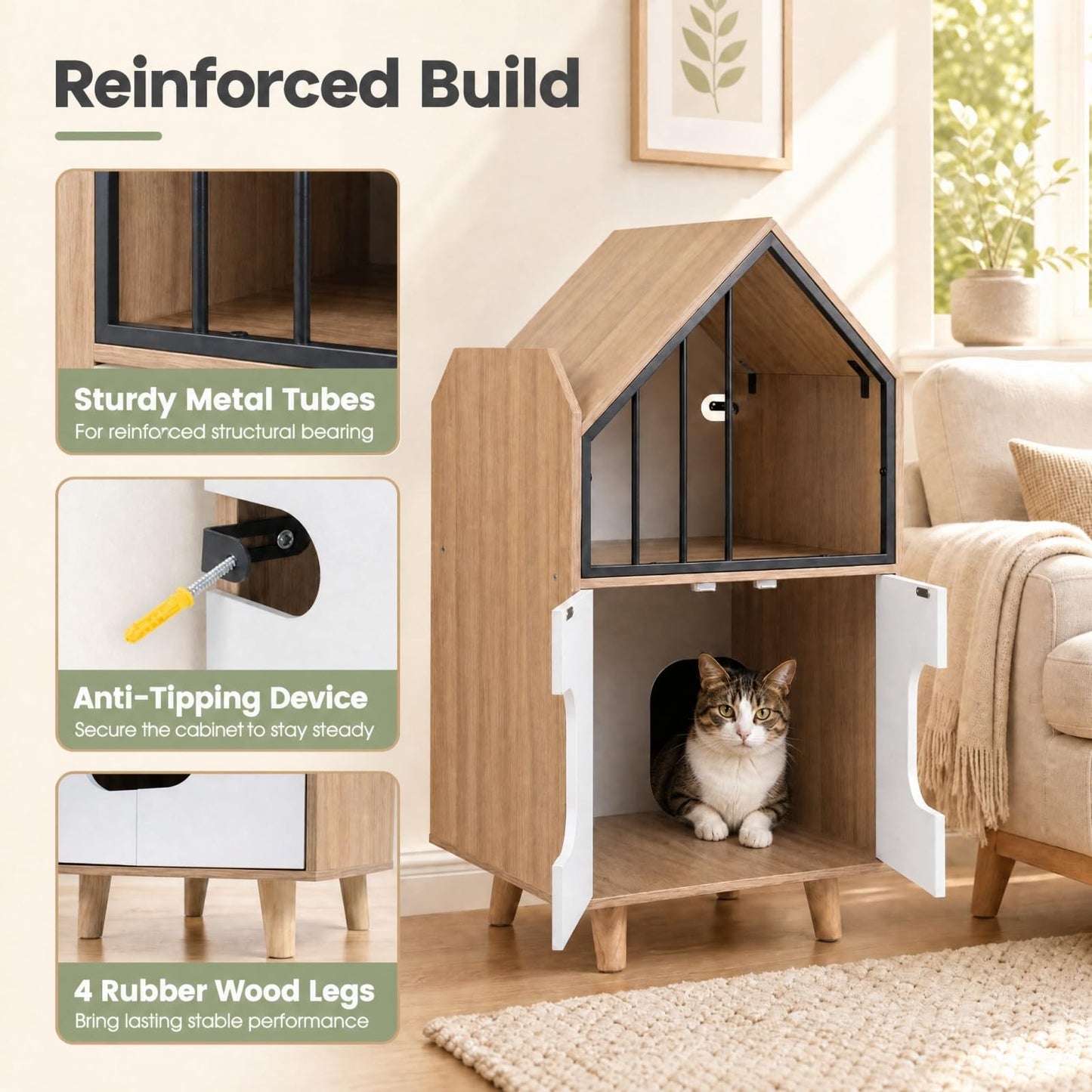 3 in 1 Cat Litter Box Enclosure, Wooden Hidden Washroom Toilet