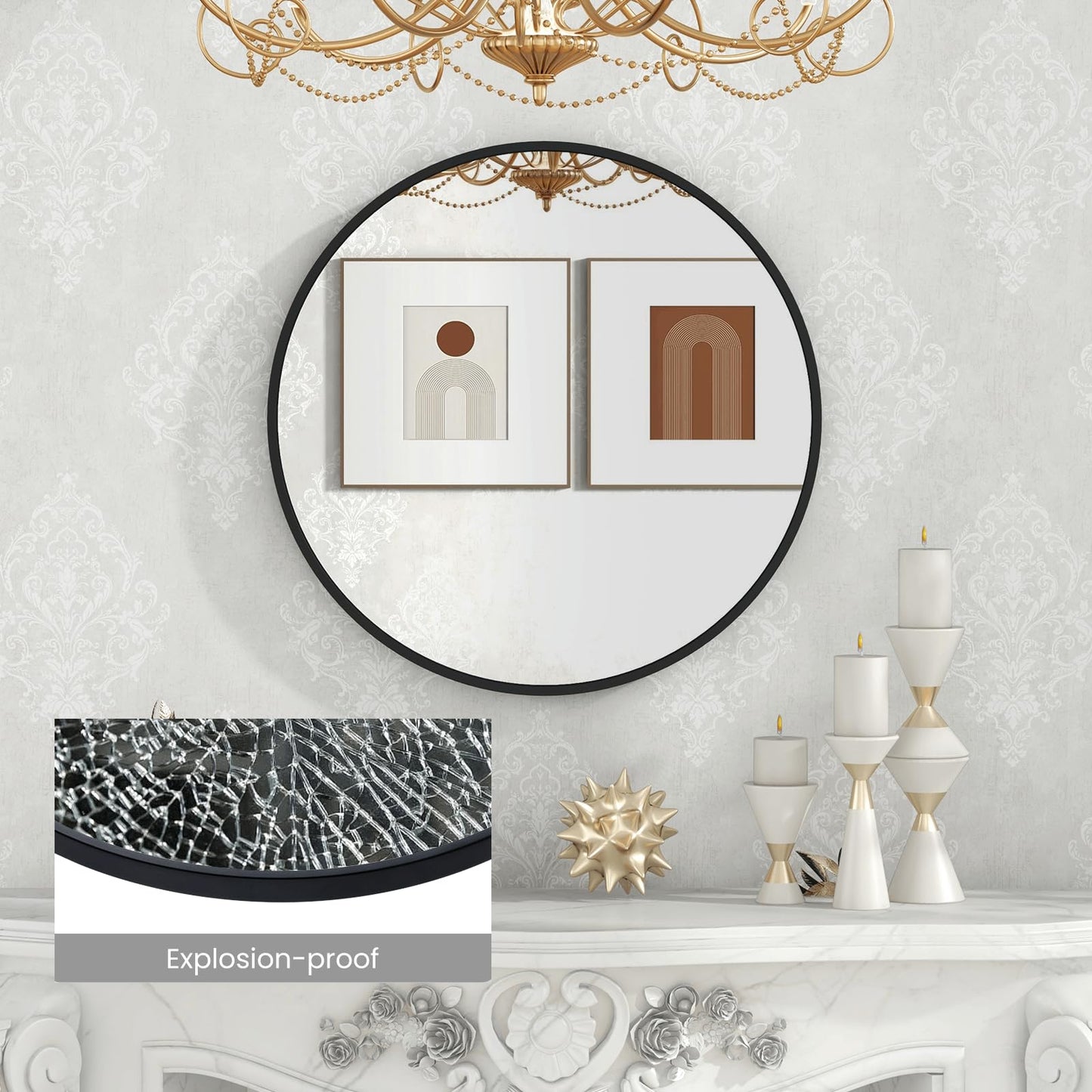 Black Round Mirror Wall Mounted Matte Metal Framed Mirror