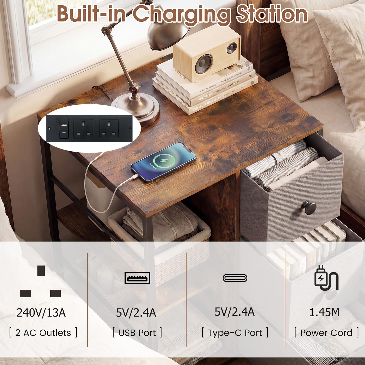 Side Table with Charging Station, Industrial Nightstand Bedside Cabinet