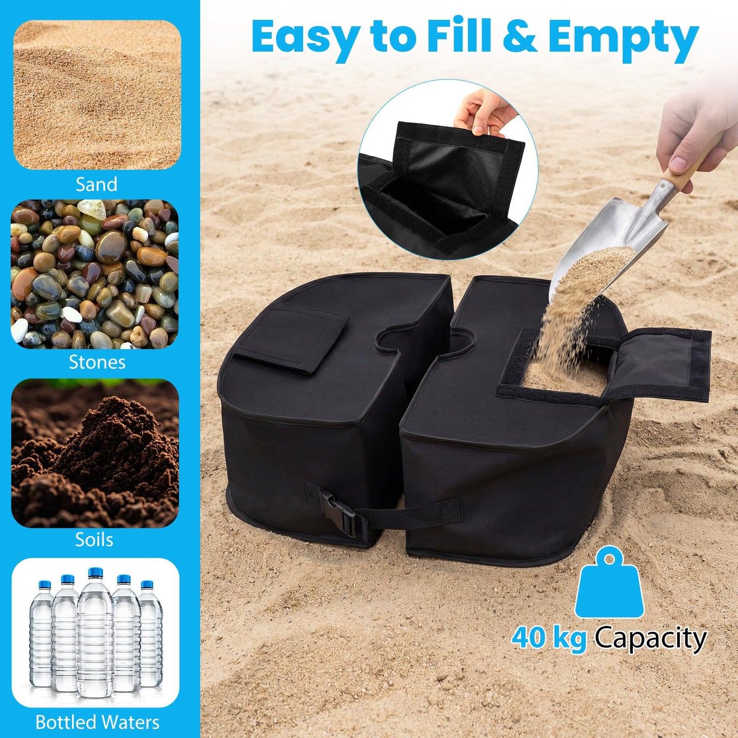 Parasol Base Weight Bag, 40KG Sand Fillable Umbrella Stand with 900D Oxford Sandbags