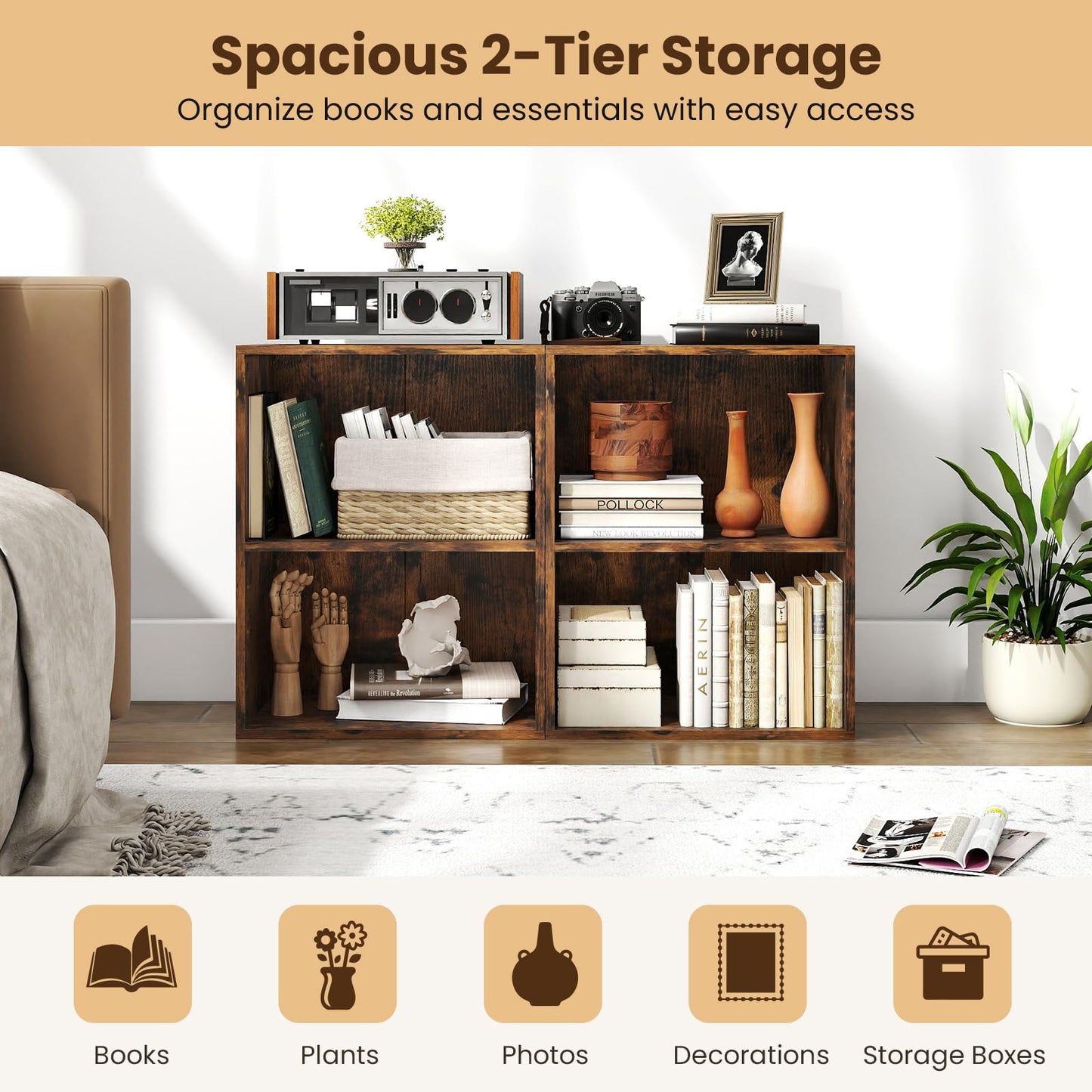 2-Cube Bookcase Floor Standing Open Bookshelf with 5-Position Adjustable Shelf