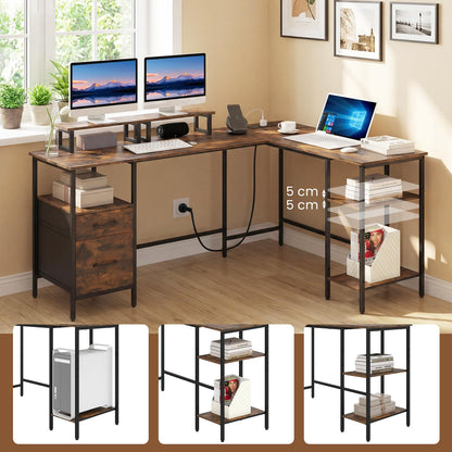 L-shaped Desk with Power Outlets Monitor Stand 2 Drawers and Adjustable Shelf