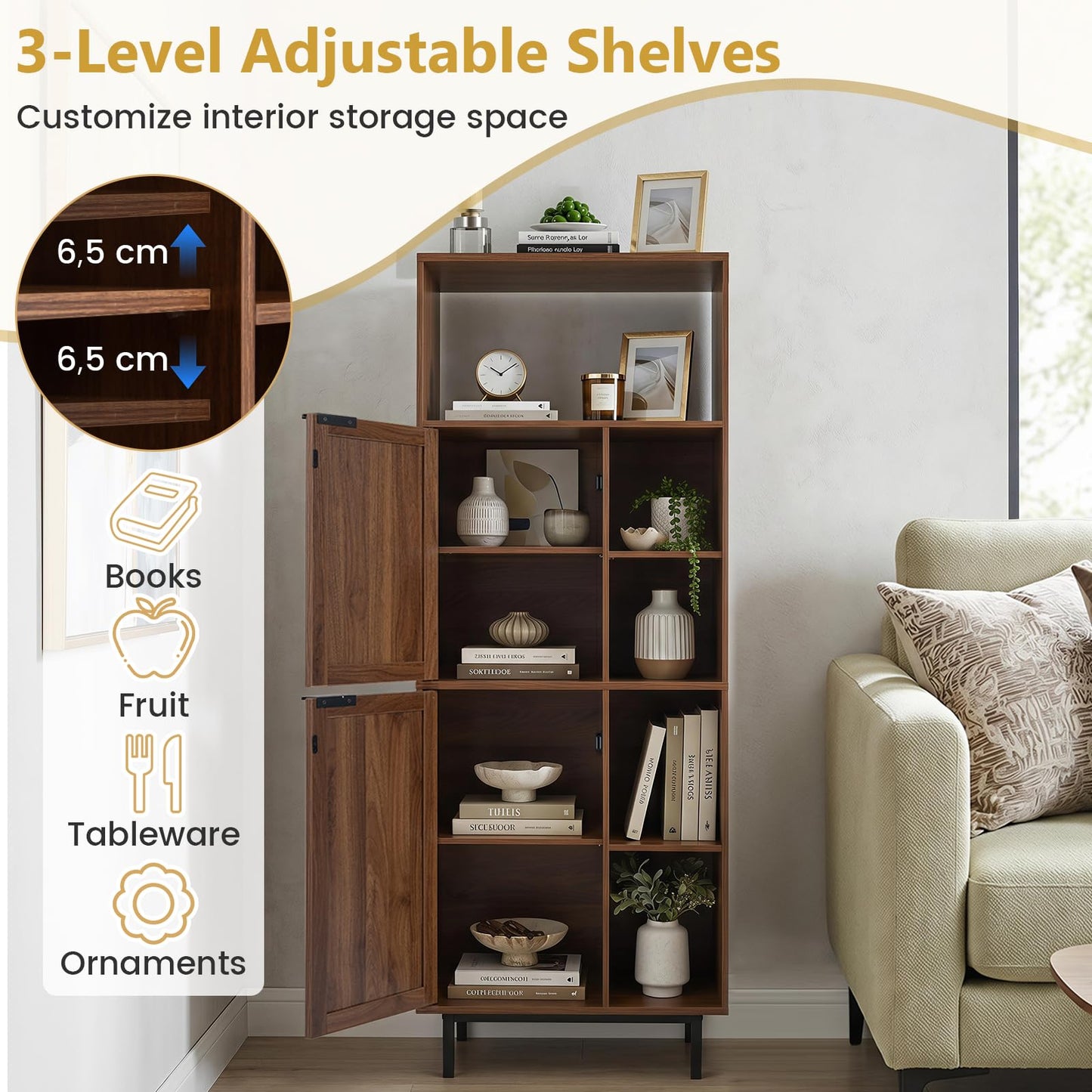 120 cm Storage Cabinet with 2 Rattan Doors & 5 Compartments