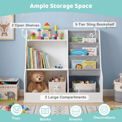 Kids Bookshelf 80 CM Wooden Toy Storage Organizer with 3 Tiers of Fabric Pockets