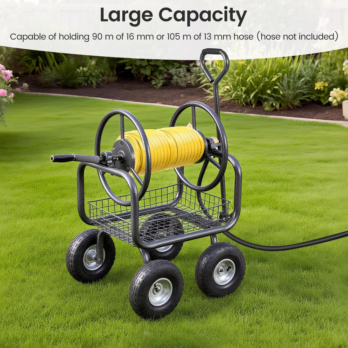 Garden Hose Reel Cart with 4 Wheels, Storage Basket & Crank Handle