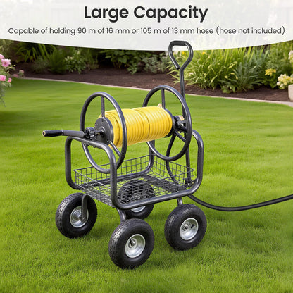 Garden Hose Reel Cart with 4 Wheels, Storage Basket & Crank Handle