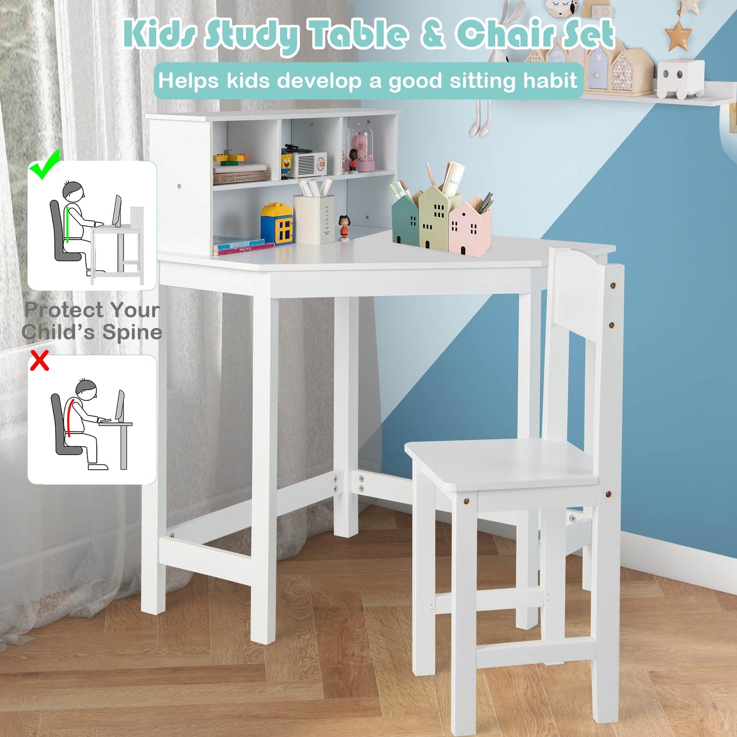 Kids Corner Desk and Chair Set with Chair and Hutch