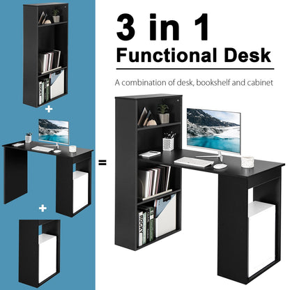 122cm Computer Desk, Wooden PC Laptop Table Writing Workstation with 6-Tier Storage Bookshelves
