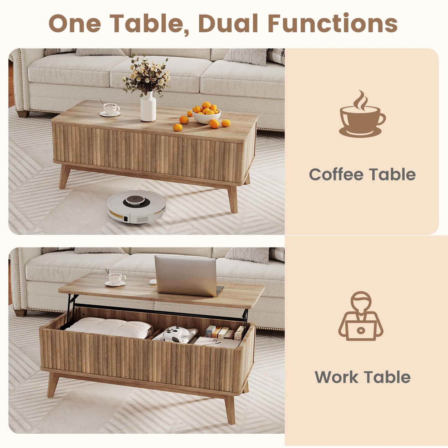 Lift Up Top Coffee Table, 110cm Rectangle Lifting Cocktail Center Table Unit