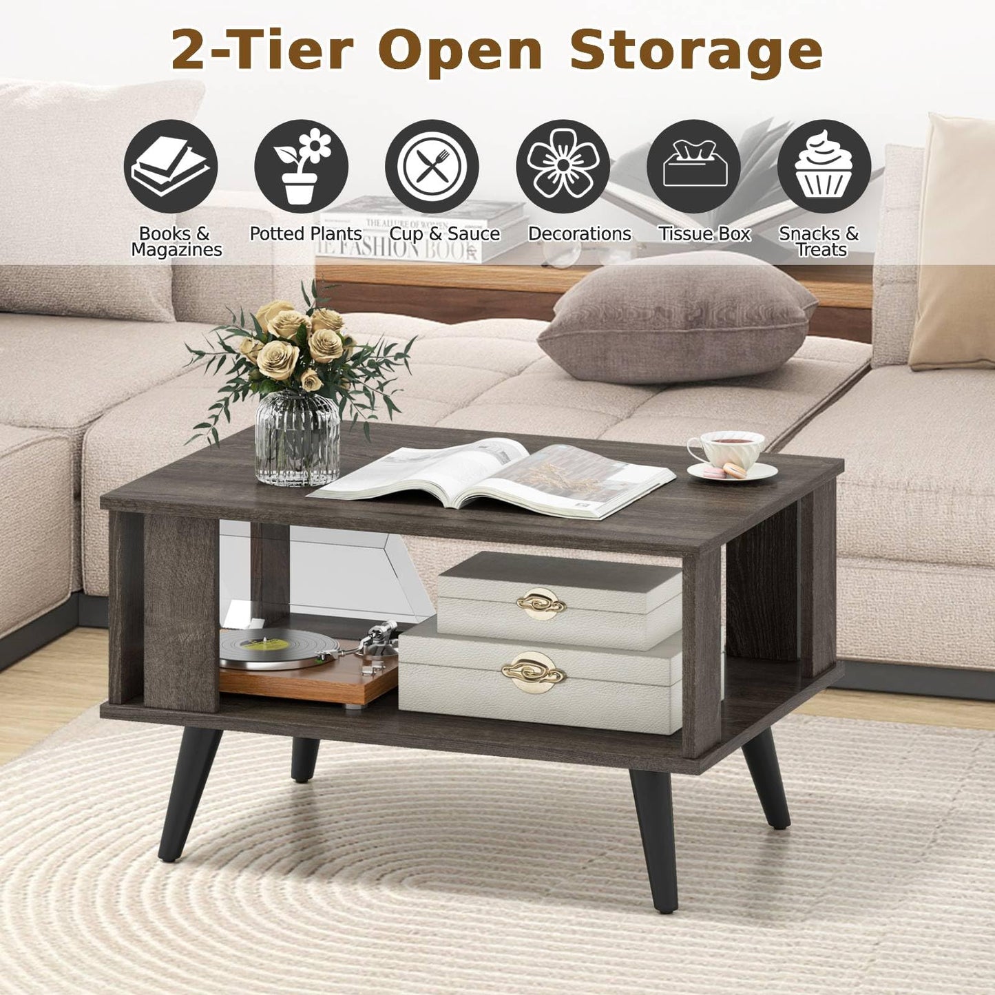 Wooden Industrial Coffee Table with Storage Shelf for Home Office