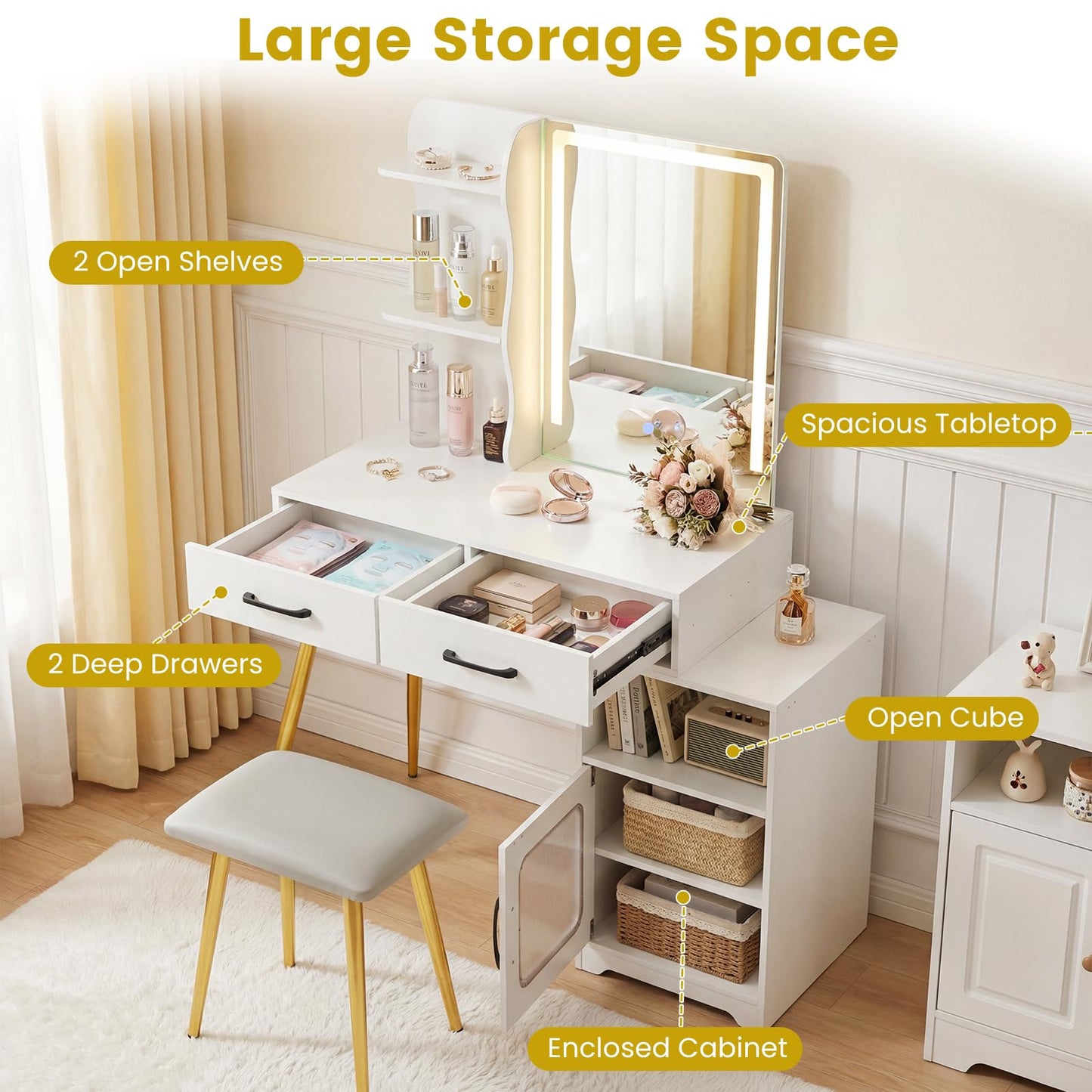 Dressing Table with LED Mirror and Stool, Makeup Table Vanity Desk Set