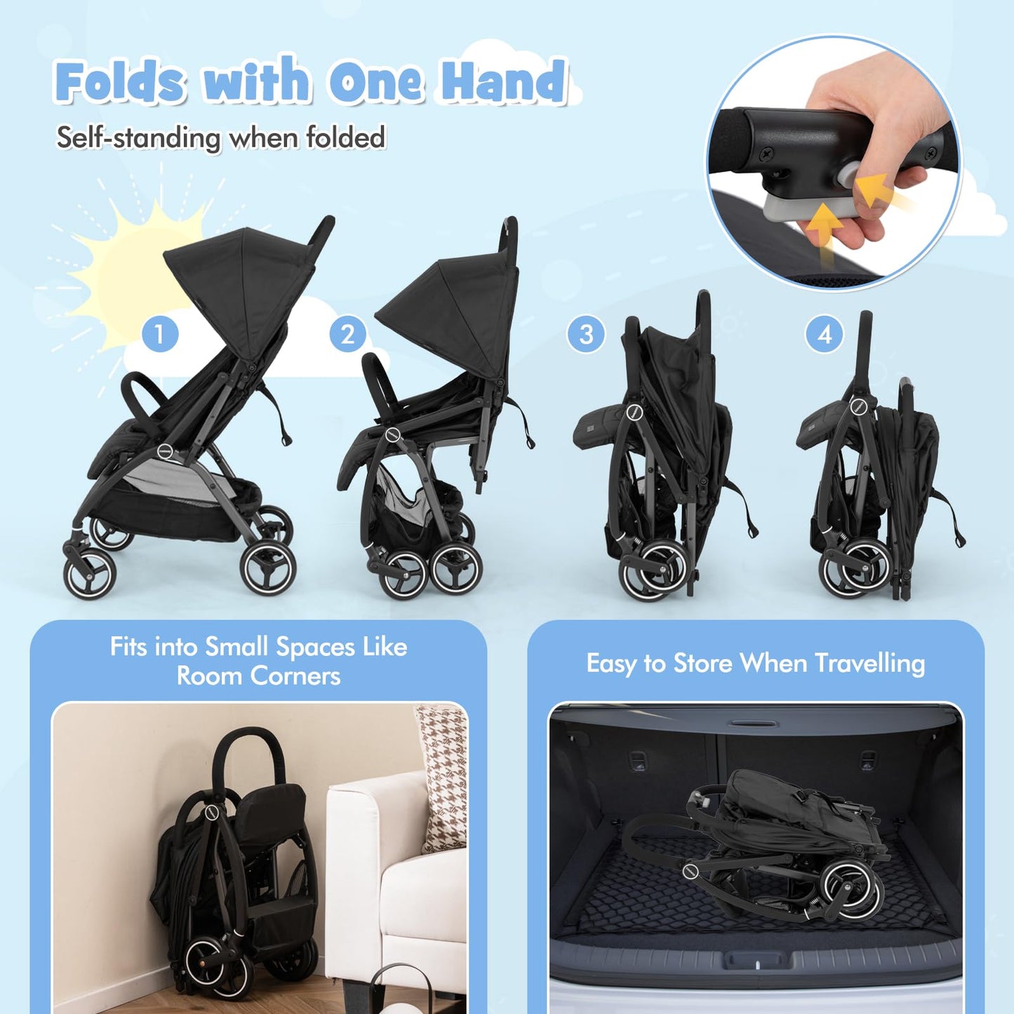 One Hand Foldable Toddler Stroller with Adjustable Backrest & Canopy