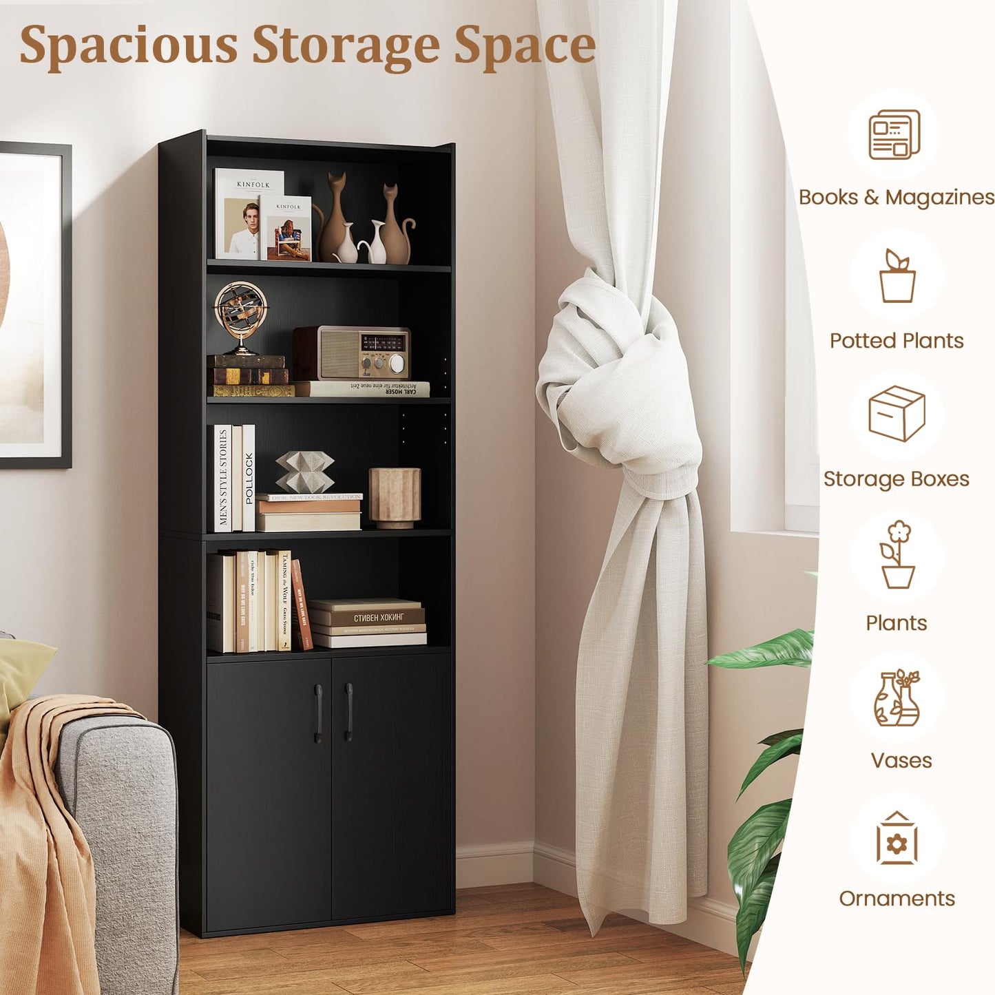6-tier Modern Style Bookcase with Adjustable Shelves