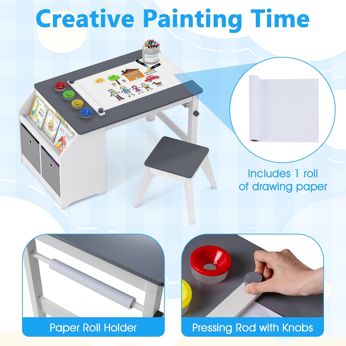 Kids Art Table and Stool Set, Toddler Craft Desk