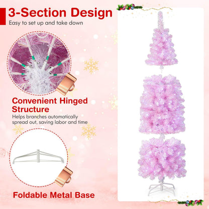 180 cm Pink Slim Xmas Tree with 475 Branch Tips and 250 Cold White LED Lights
