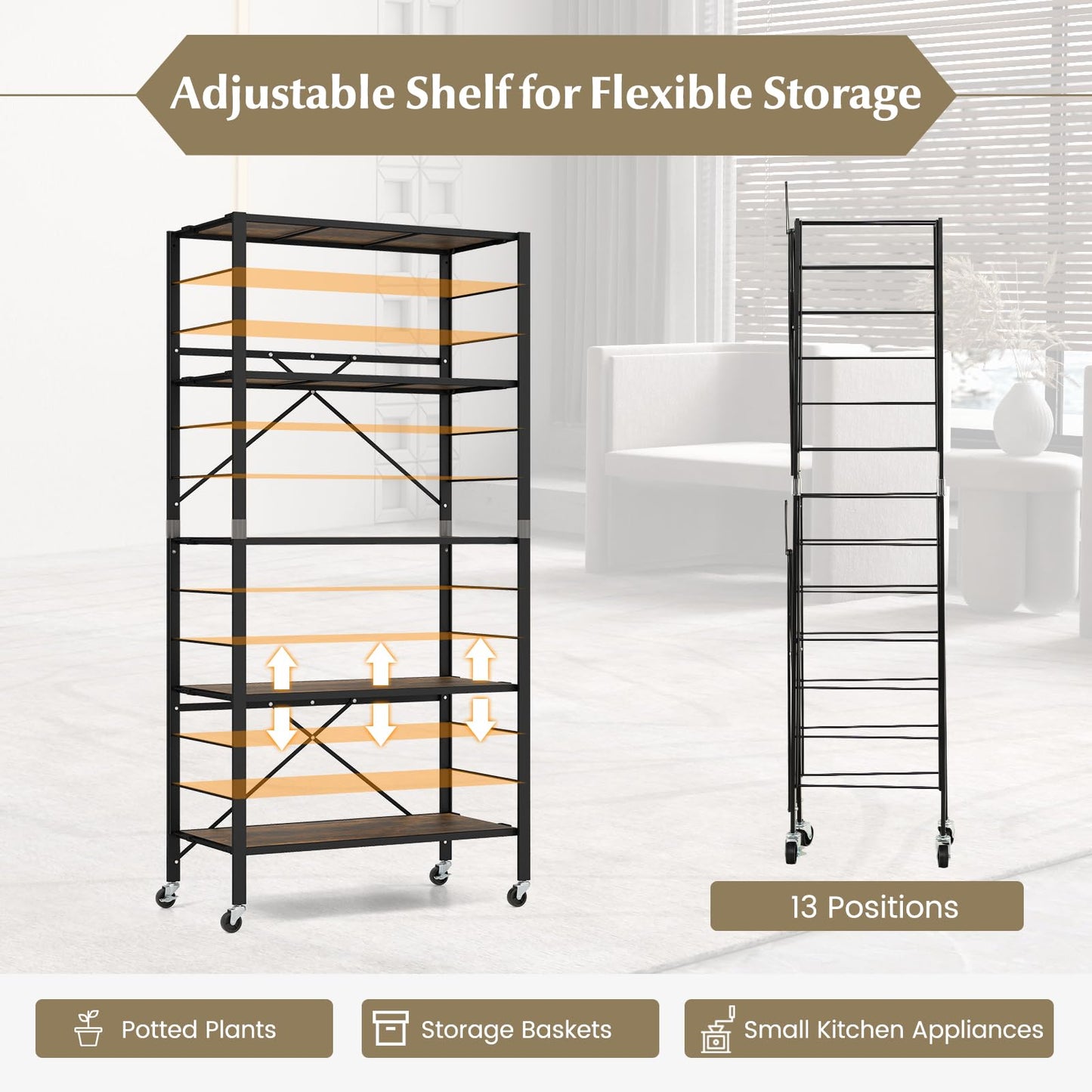 GiantexUK 3/4/5-Tier Storage Cart, Foldable Metal Frame Shelving Unit with Wheels, Adjustable Shelves & Anti-Tipping Device