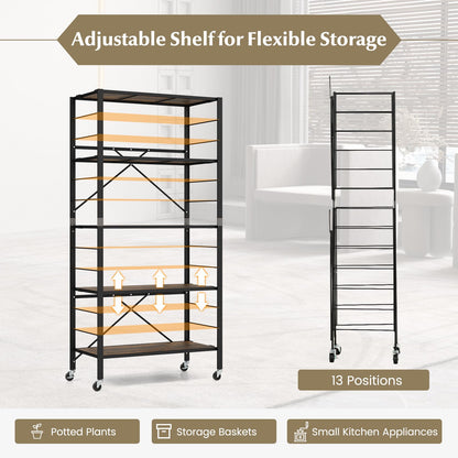 GiantexUK 3/4/5-Tier Storage Cart, Foldable Metal Frame Shelving Unit with Wheels, Adjustable Shelves & Anti-Tipping Device