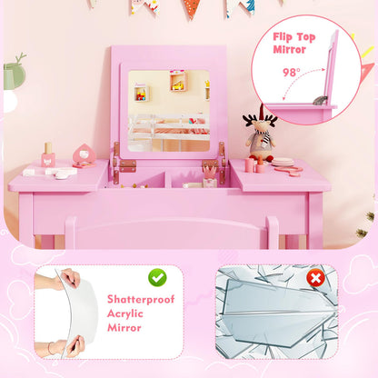 2 in 1 Kids Vanity Table and Chair Set with Flip Top Mirror Hidden Storage