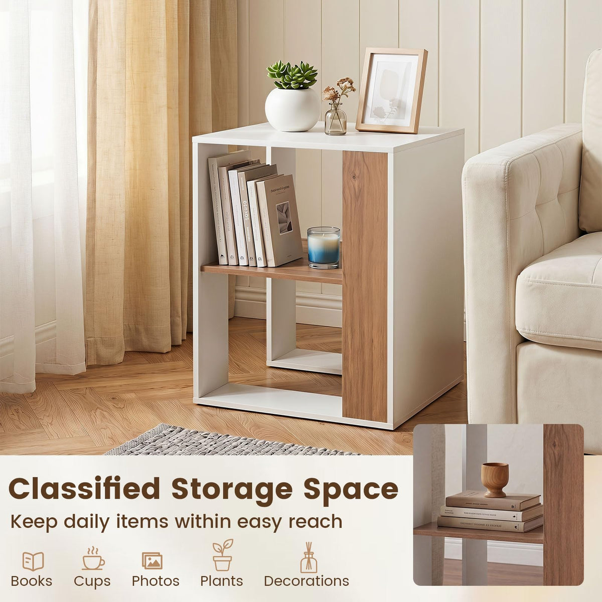 Sofa Side Table, 2-Tier Square End Table with Storage Shelf