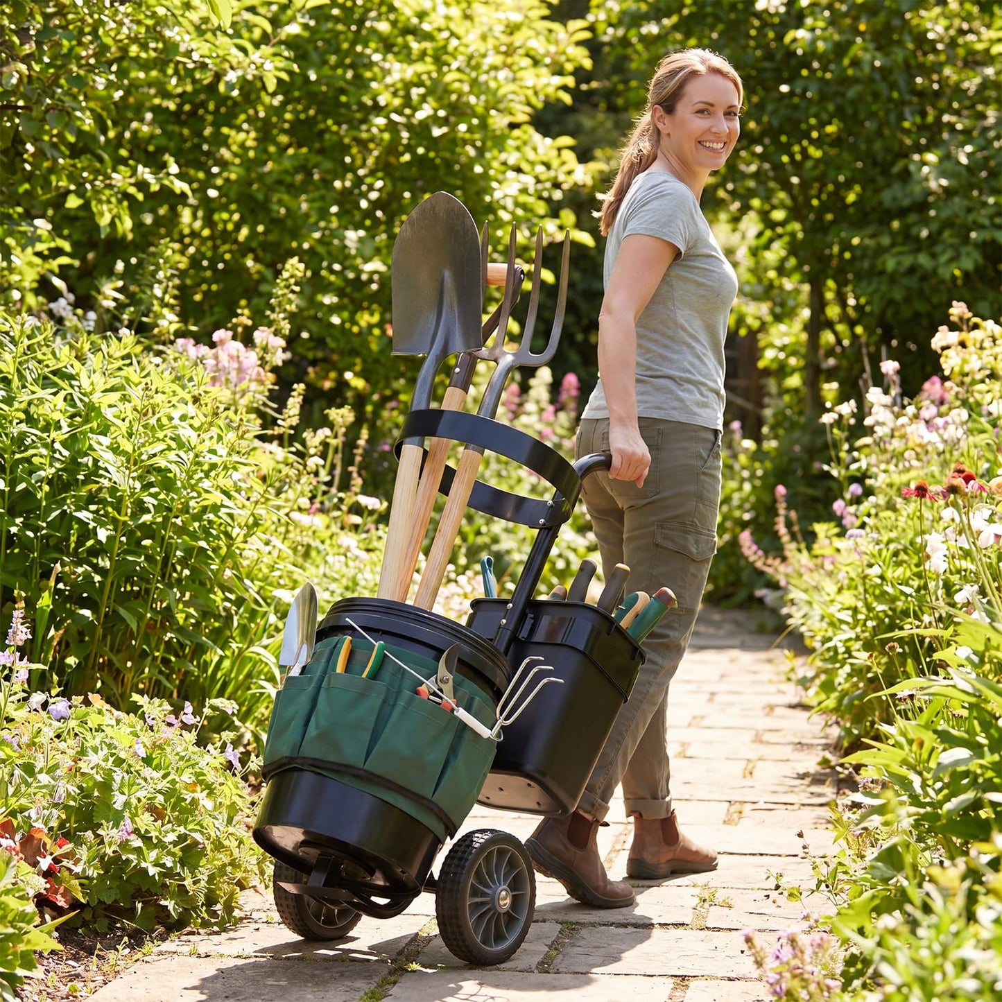Heavy Duty Rolling Garden Cart with Wheels and Round Bucket