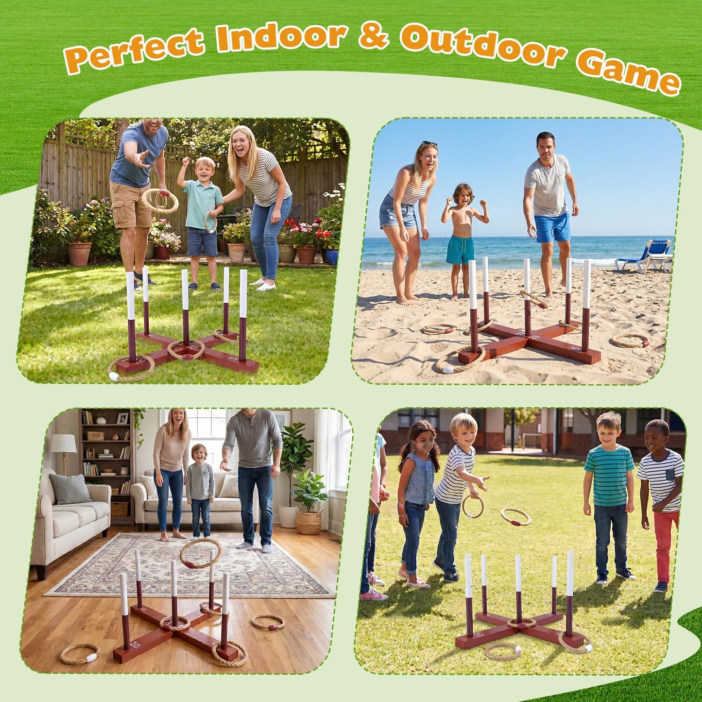 Wooden Quoits Games Set with Rope Rings, Indoor Outdoor Portable Throwing Game Toy