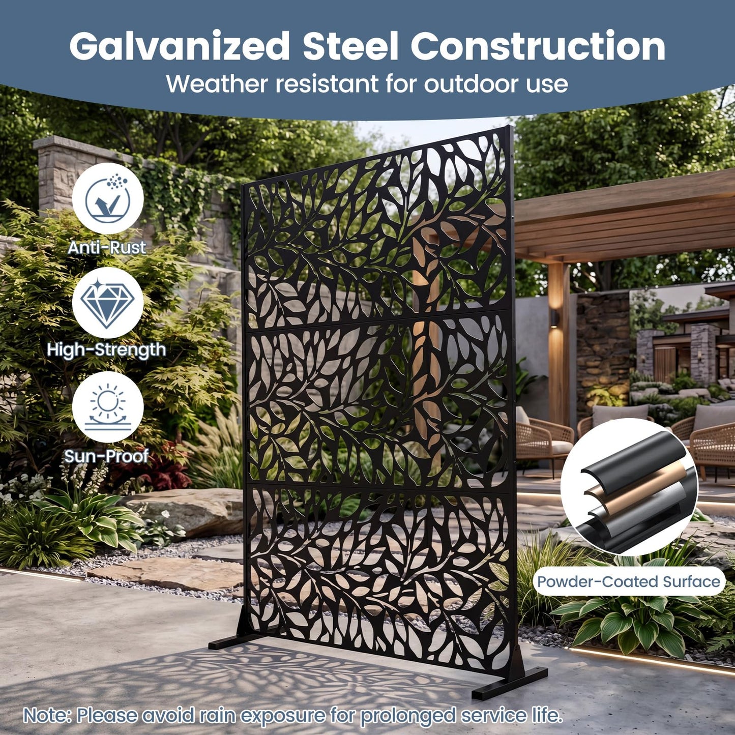 Decorative Garden Privacy Screen with Stand, 183x121cm Freestanding Metal Outdoor Divider