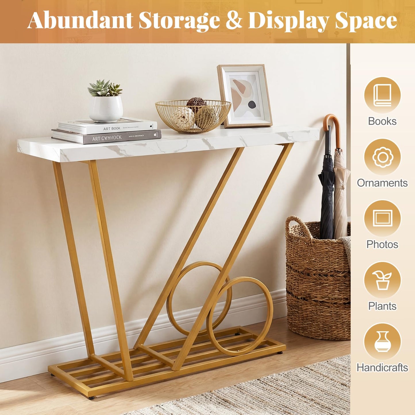 Console Table, 100cm Faux Marble Slim Entryway Table Hall Desk