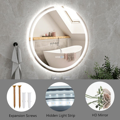LED Bathroom Mirror with 3-Color Dimmable Lights, Time and Temp Display