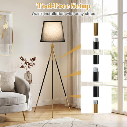 Modern Metal Tripod Floor Lamp with Fabric Shade & Foot Switch