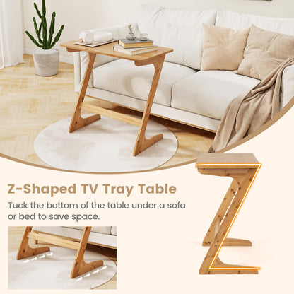 Z Shaped Bamboo Sofa Side End Couch Table for Snacks and Drinks