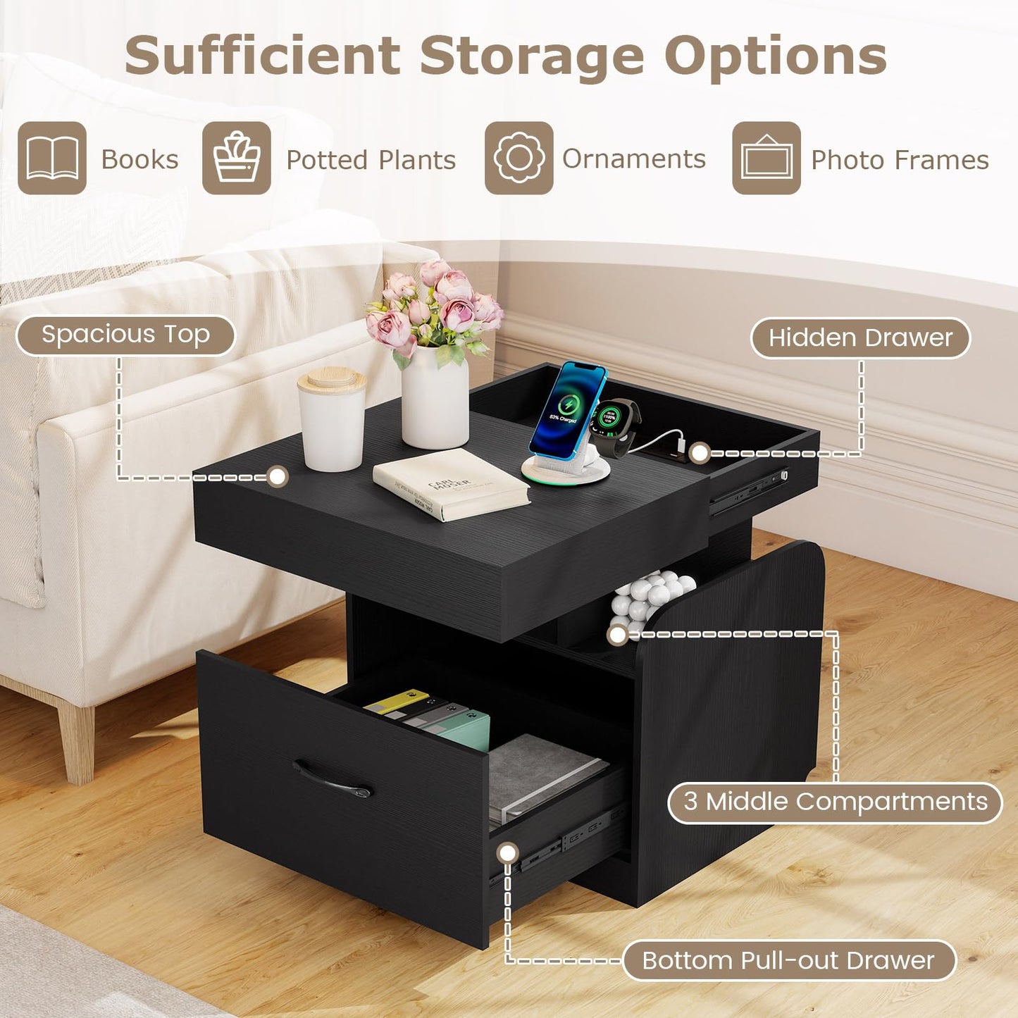 Nightstand with Charging Station with Drawer and Sliding Top Storage