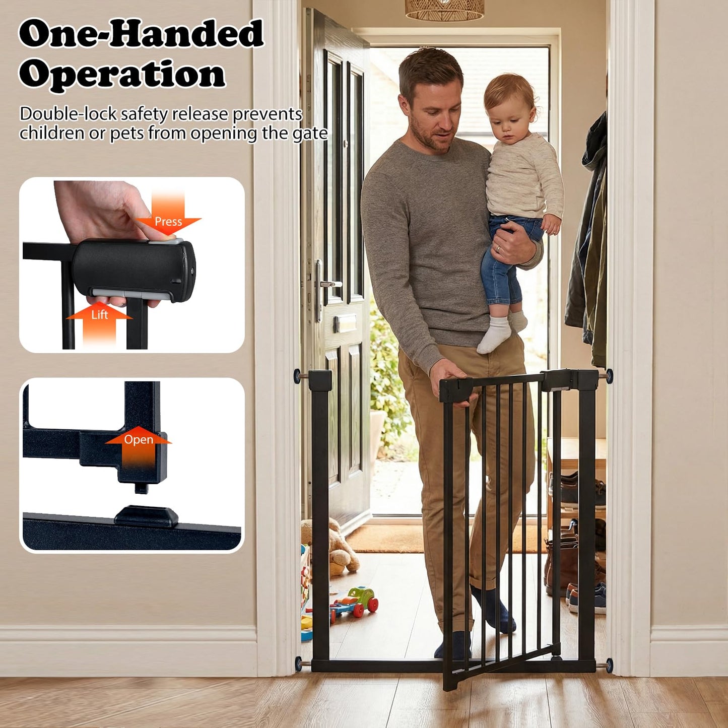 Safety Gate, 75-82cm Pressure Fit Baby Gates with Double-lock Door