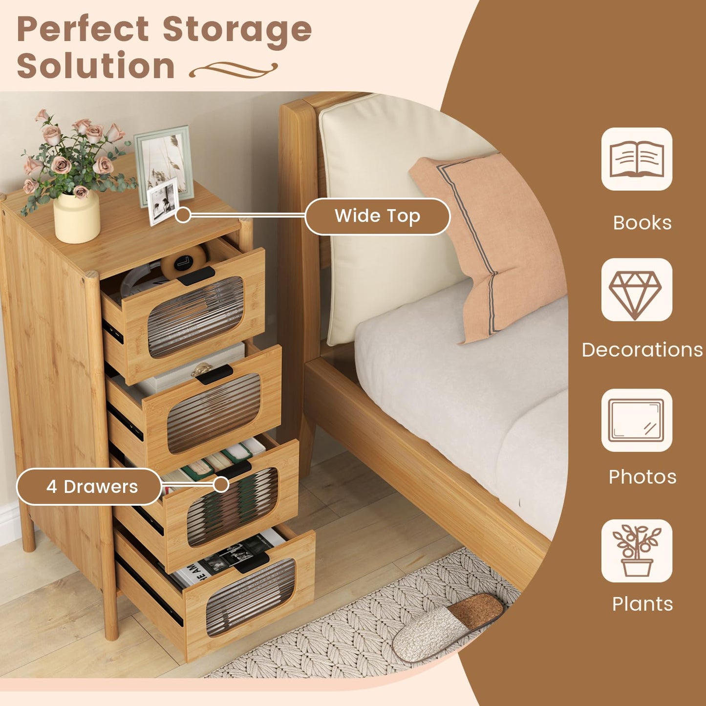 4 Drawer Dresser Bamboo Storage Cabinet with Fluted Tempered Glass Drawers