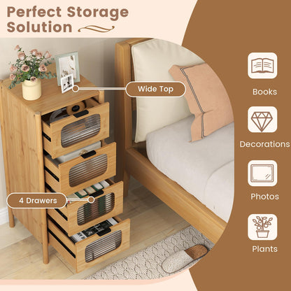 4 Drawer Dresser Bamboo Storage Cabinet with Fluted Tempered Glass Drawers