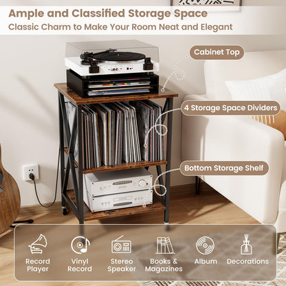 Turntable Record Player Stand with Builtin Charging Station and Divider