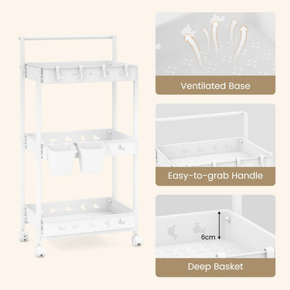 3-Tier Rolling Storage Cart with 2 Hanging Cups and 4 Hooks
