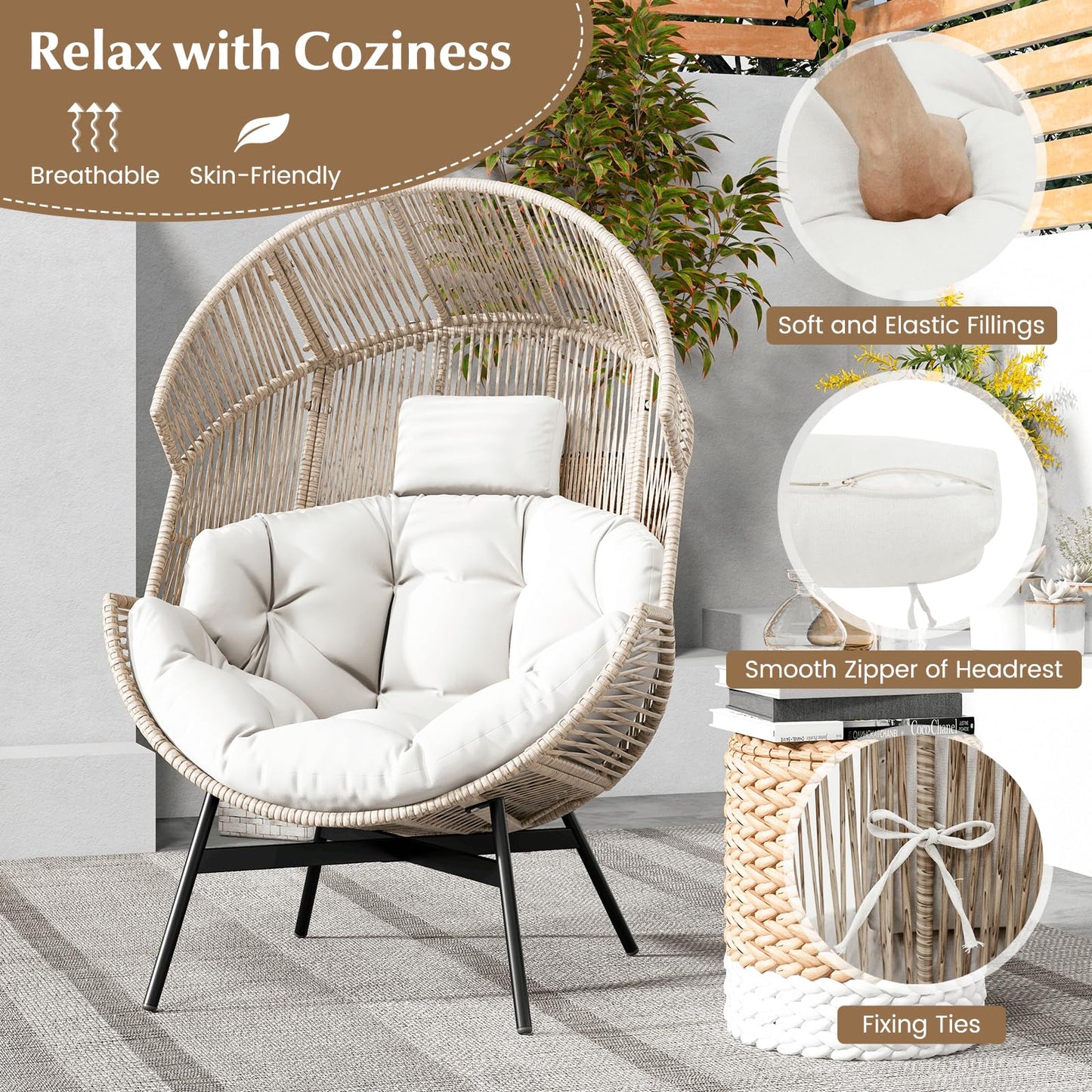 Oversized Wicker Egg Chair with Thick Cushions and Headrest