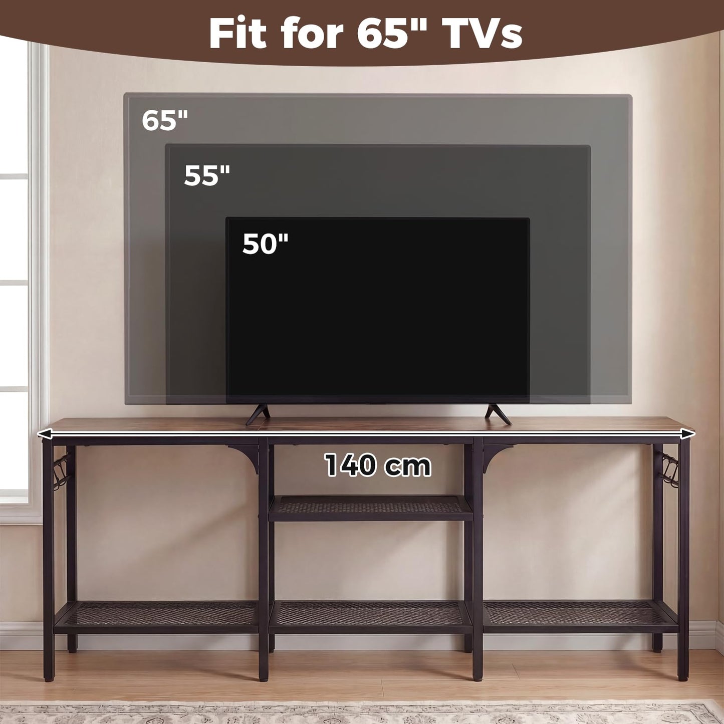 TV Unit for 65 Inch TVs, 140cm Industrial TV Stand Cabinet with Mesh Storage Shelves