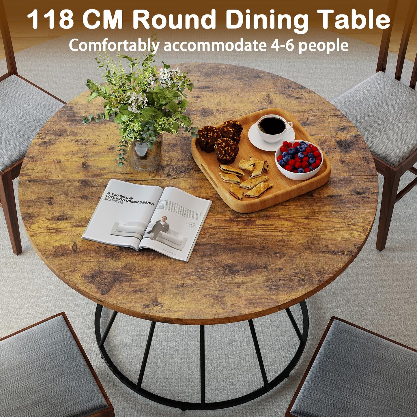 118cm Dining Table for 4-6 People, Round Kitchen Table