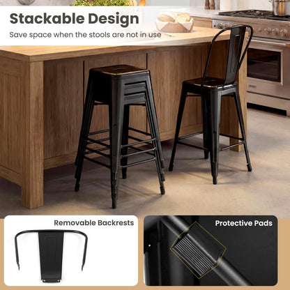 62 cm Metal Bar Stools Set of 4 with Backrests and Footrests