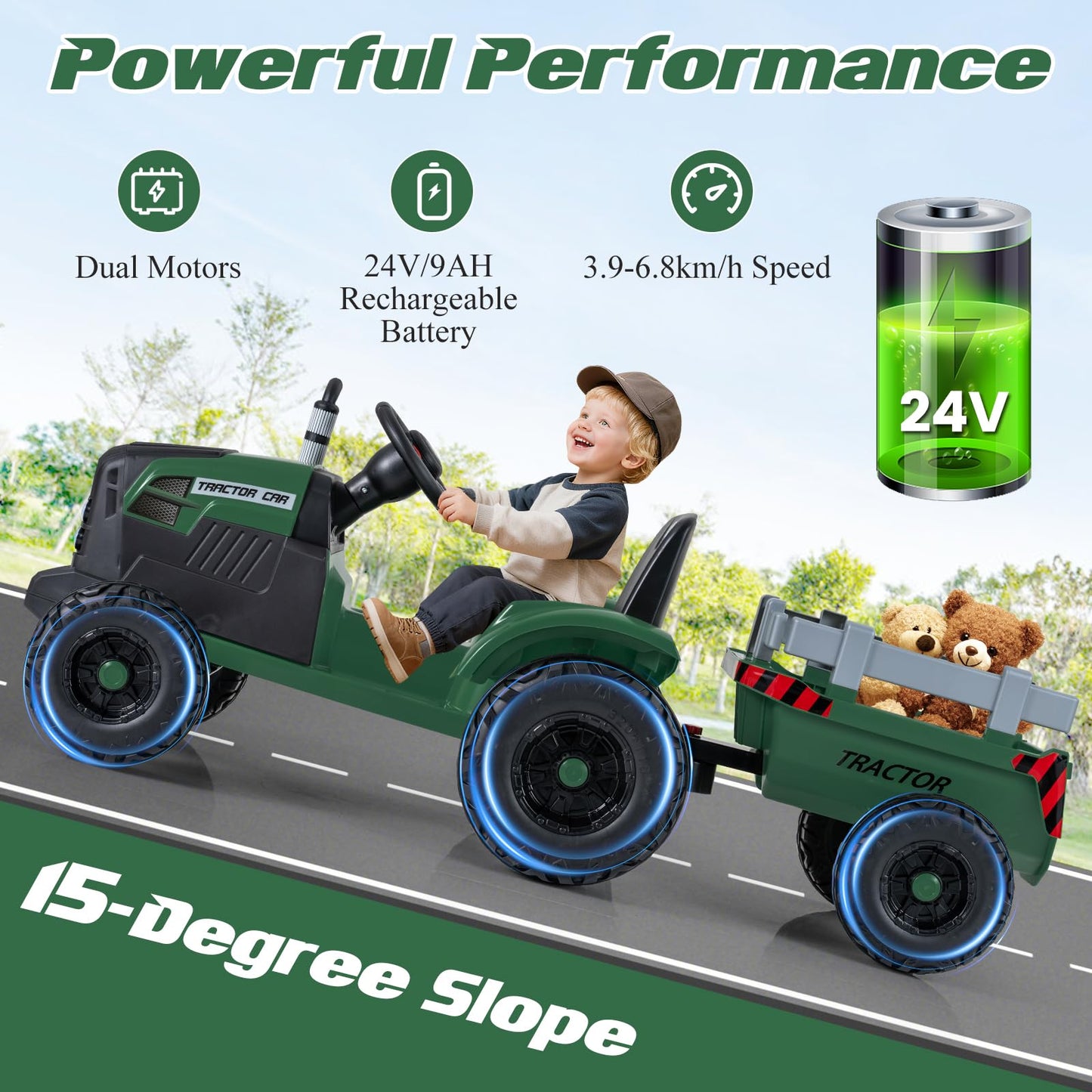 24V Ride On Tractor with Detachable Trailer for Kids