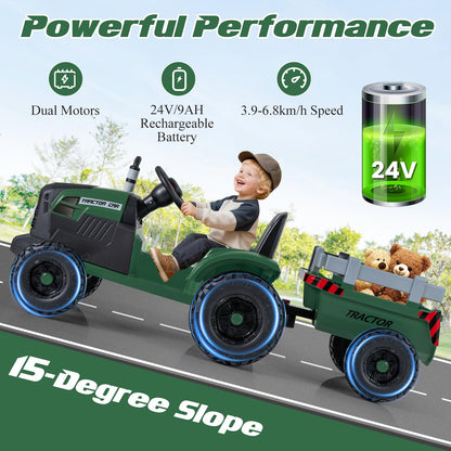 24V Ride On Tractor with Detachable Trailer for Kids