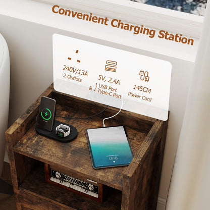 Nightstand with LED Lights and Power Outlets for Living Room