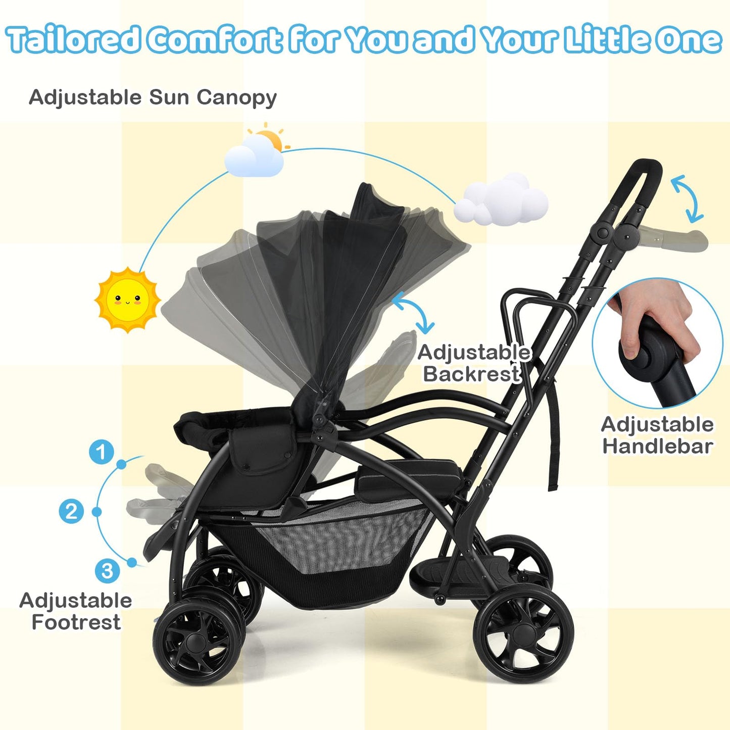 Sit and Stand Stroller, Double Baby Pushchair with Adjustable Canopy