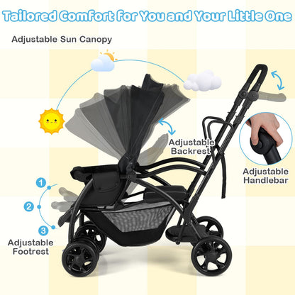 Sit and Stand Stroller, Double Baby Pushchair with Adjustable Canopy